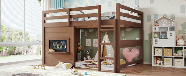 English Elm Full Size Pine Loft Bed with Sliding Chalkboard Bookshelf and Safety Rails for Kids Natural W1580S00622