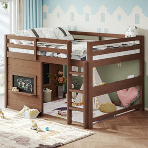 English Elm Full Size Pine Loft Bed with Sliding Chalkboard Bookshelf and Safety Rails for Kids Natural W1580S00622