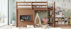 English Elm Full Size Pine Loft Bed with Sliding Chalkboard Bookshelf and Safety Rails for Kids Natural W1580S00622