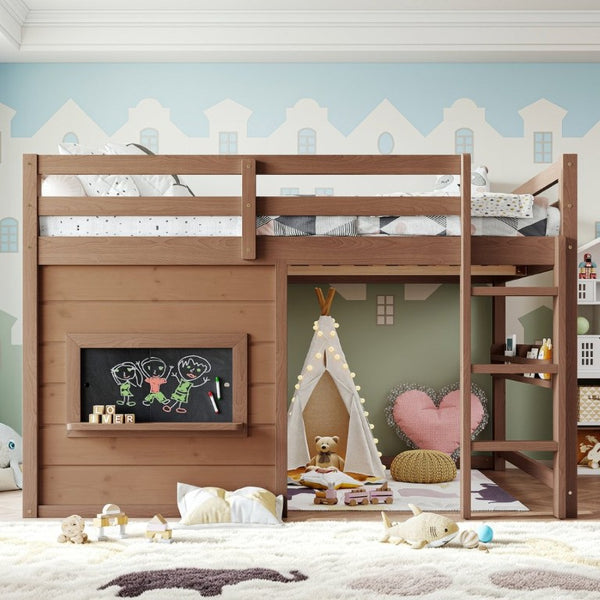 English Elm Full Size Pine Loft Bed with Sliding Chalkboard Bookshelf and Safety Rails for Kids Natural W1580S00622