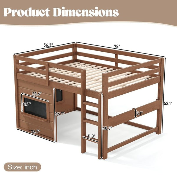 English Elm Full Size Pine Loft Bed with Sliding Chalkboard Bookshelf and Safety Rails for Kids Natural W1580S00622