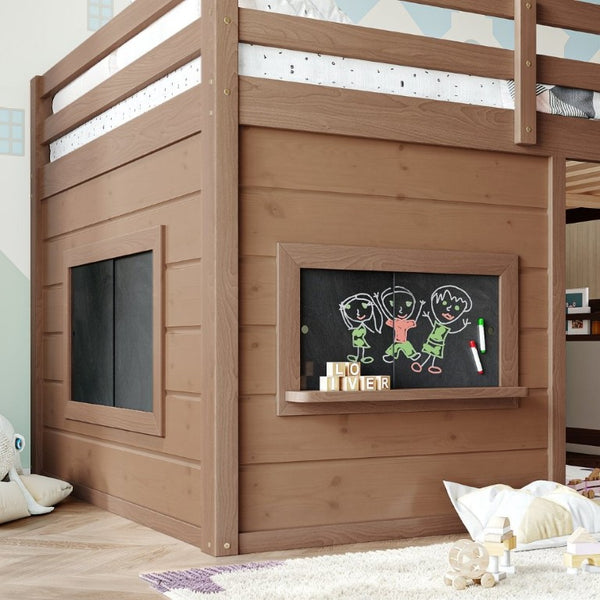 English Elm Full Size Pine Loft Bed with Sliding Chalkboard Bookshelf and Safety Rails for Kids Natural W1580S00622