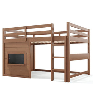 English Elm Full Size Pine Loft Bed with Sliding Chalkboard Bookshelf and Safety Rails for Kids Natural W1580S00622