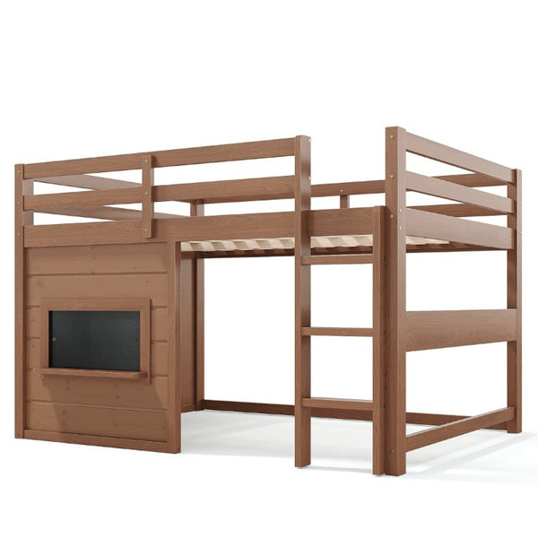English Elm Full Size Pine Loft Bed with Sliding Chalkboard Bookshelf and Safety Rails for Kids Natural W1580S00622