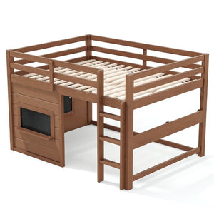 English Elm Full Size Pine Loft Bed with Sliding Chalkboard Bookshelf and Safety Rails for Kids Natural W1580S00622