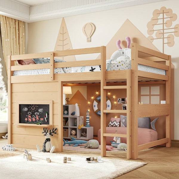 English Elm Twin Pine Loft Bed with House Frame Chalkboard Bookshelf and Safety Rails for Kids Light Natural W1580S00623