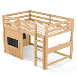 English Elm Twin Pine Loft Bed with House Frame Chalkboard Bookshelf and Safety Rails for Kids Light Natural W1580S00623