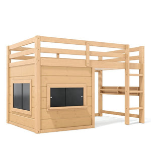 English Elm Twin Pine Loft Bed with House Frame Chalkboard Bookshelf and Safety Rails for Kids Light Natural W1580S00623