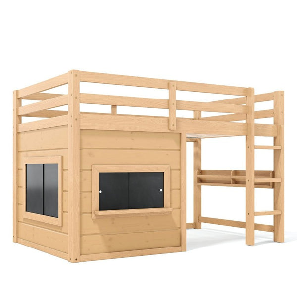 English Elm Twin Pine Loft Bed with House Frame Chalkboard Bookshelf and Safety Rails for Kids Light Natural W1580S00623
