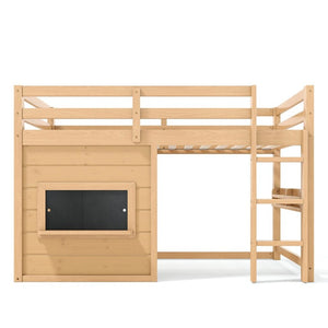 English Elm Twin Pine Loft Bed with House Frame Chalkboard Bookshelf and Safety Rails for Kids Light Natural W1580S00623