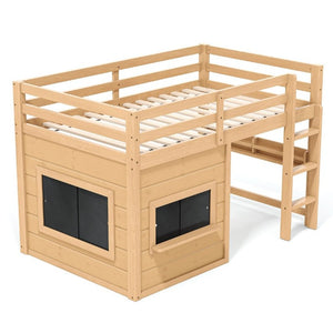 English Elm Twin Pine Loft Bed with House Frame Chalkboard Bookshelf and Safety Rails for Kids Light Natural W1580S00623