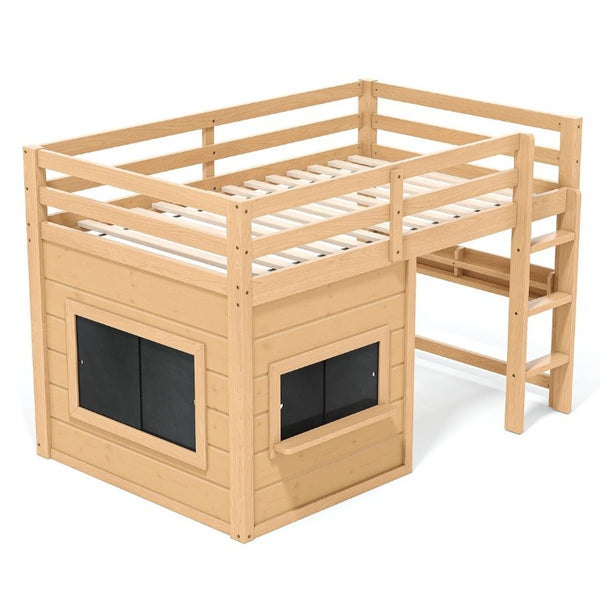 English Elm Twin Pine Loft Bed with House Frame Chalkboard Bookshelf and Safety Rails for Kids Light Natural W1580S00623