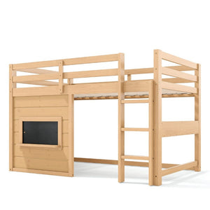 English Elm Twin Pine Loft Bed with House Frame Chalkboard Bookshelf and Safety Rails for Kids Light Natural W1580S00623