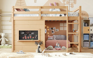 English Elm Twin Pine Loft Bed with House Frame Chalkboard Bookshelf and Safety Rails for Kids Light Natural W1580S00623