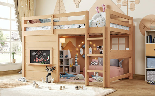 English Elm Twin Pine Loft Bed with House Frame Chalkboard Bookshelf and Safety Rails for Kids Light Natural W1580S00623