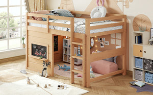 English Elm Twin Pine Loft Bed with House Frame Chalkboard Bookshelf and Safety Rails for Kids Light Natural W1580S00623
