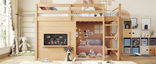 English Elm Twin Pine Loft Bed with House Frame Chalkboard Bookshelf and Safety Rails for Kids Light Natural W1580S00623