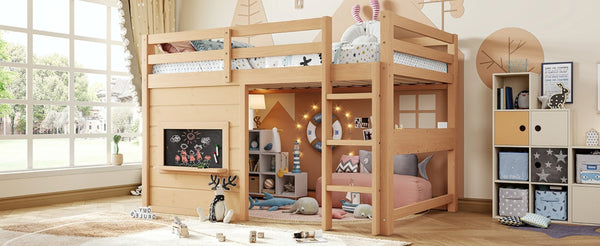 English Elm Twin Pine Loft Bed with House Frame Chalkboard Bookshelf and Safety Rails for Kids Light Natural W1580S00623