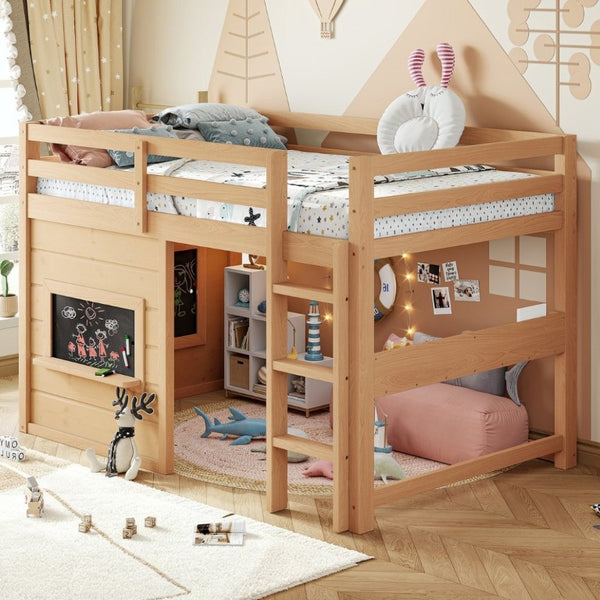 English Elm Twin Pine Loft Bed with House Frame Chalkboard Bookshelf and Safety Rails for Kids Light Natural W1580S00623