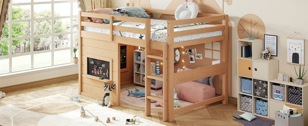 English Elm Twin Pine Loft Bed with House Frame Chalkboard Bookshelf and Safety Rails for Kids Light Natural W1580S00623