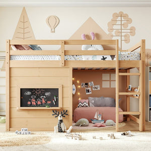 English Elm Twin Pine Loft Bed with House Frame Chalkboard Bookshelf and Safety Rails for Kids Light Natural W1580S00623