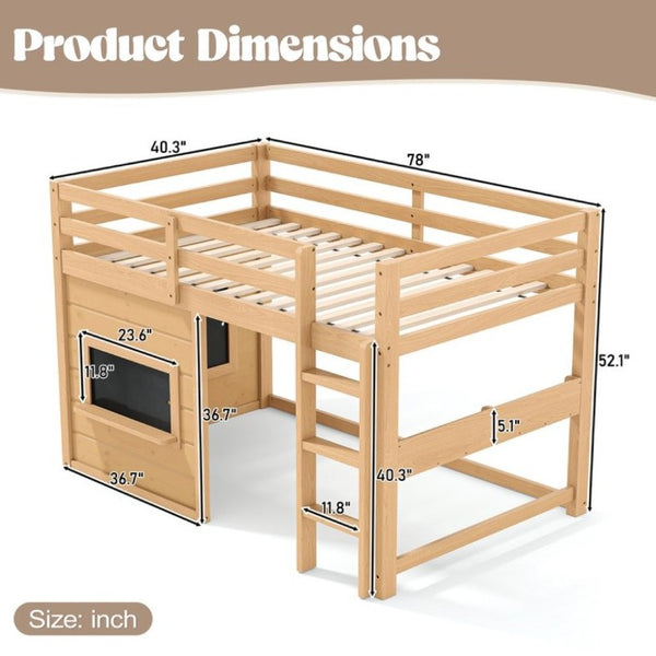 English Elm Twin Pine Loft Bed with House Frame Chalkboard Bookshelf and Safety Rails for Kids Light Natural W1580S00623