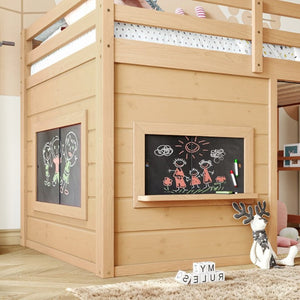 English Elm Twin Pine Loft Bed with House Frame Chalkboard Bookshelf and Safety Rails for Kids Light Natural W1580S00623