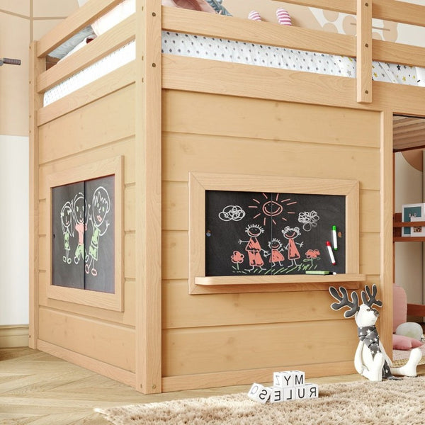 English Elm Twin Pine Loft Bed with House Frame Chalkboard Bookshelf and Safety Rails for Kids Light Natural W1580S00623