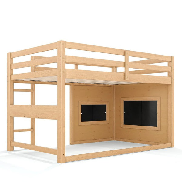 English Elm Twin Pine Loft Bed with House Frame Chalkboard Bookshelf and Safety Rails for Kids Light Natural W1580S00623