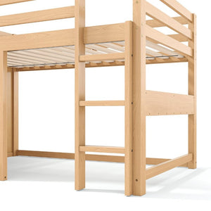 English Elm Twin Pine Loft Bed with House Frame Chalkboard Bookshelf and Safety Rails for Kids Light Natural W1580S00623
