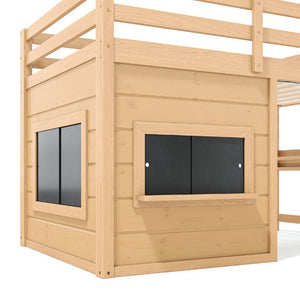 English Elm Twin Pine Loft Bed with House Frame Chalkboard Bookshelf and Safety Rails for Kids Light Natural W1580S00623