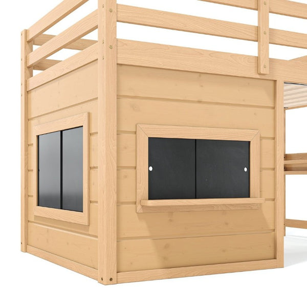 English Elm Twin Pine Loft Bed with House Frame Chalkboard Bookshelf and Safety Rails for Kids Light Natural W1580S00623