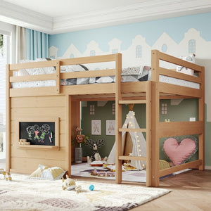 English Elm Full Size Pine Loft Bed with Sliding Chalkboard Bookshelf and Safety Rails for Kids Light Natural W1580S00624