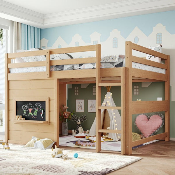 English Elm Full Size Pine Loft Bed with Sliding Chalkboard Bookshelf and Safety Rails for Kids Light Natural W1580S00624