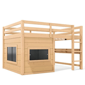 English Elm Full Size Pine Loft Bed with Sliding Chalkboard Bookshelf and Safety Rails for Kids Light Natural W1580S00624