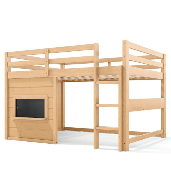 English Elm Full Size Pine Loft Bed with Sliding Chalkboard Bookshelf and Safety Rails for Kids Light Natural W1580S00624