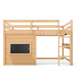English Elm Full Size Pine Loft Bed with Sliding Chalkboard Bookshelf and Safety Rails for Kids Light Natural W1580S00624