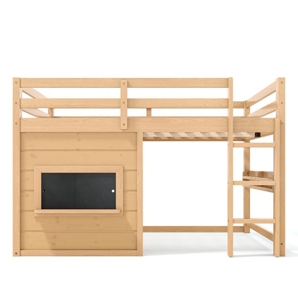 English Elm Full Size Pine Loft Bed with Sliding Chalkboard Bookshelf and Safety Rails for Kids Light Natural W1580S00624