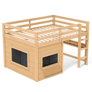 English Elm Full Size Pine Loft Bed with Sliding Chalkboard Bookshelf and Safety Rails for Kids Light Natural W1580S00624