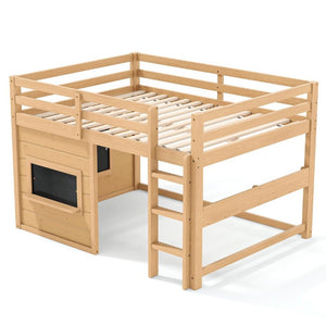 English Elm Full Size Pine Loft Bed with Sliding Chalkboard Bookshelf and Safety Rails for Kids Light Natural W1580S00624