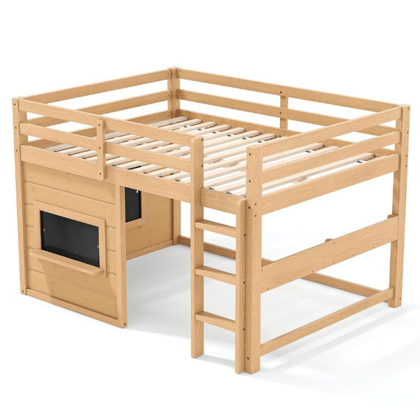 English Elm Full Size Pine Loft Bed with Sliding Chalkboard Bookshelf and Safety Rails for Kids Light Natural W1580S00624