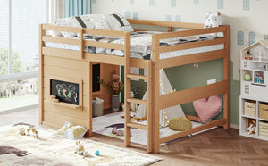 English Elm Full Size Pine Loft Bed with Sliding Chalkboard Bookshelf and Safety Rails for Kids Light Natural W1580S00624