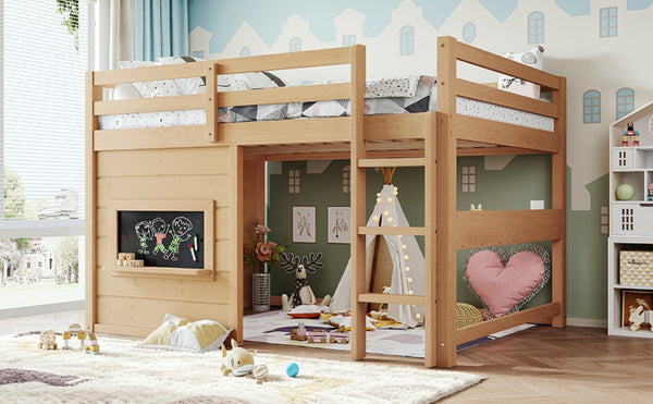 English Elm Full Size Pine Loft Bed with Sliding Chalkboard Bookshelf and Safety Rails for Kids Light Natural W1580S00624