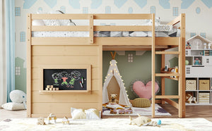 English Elm Full Size Pine Loft Bed with Sliding Chalkboard Bookshelf and Safety Rails for Kids Light Natural W1580S00624