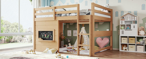 English Elm Full Size Pine Loft Bed with Sliding Chalkboard Bookshelf and Safety Rails for Kids Light Natural W1580S00624