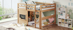 English Elm Full Size Pine Loft Bed with Sliding Chalkboard Bookshelf and Safety Rails for Kids Light Natural W1580S00624
