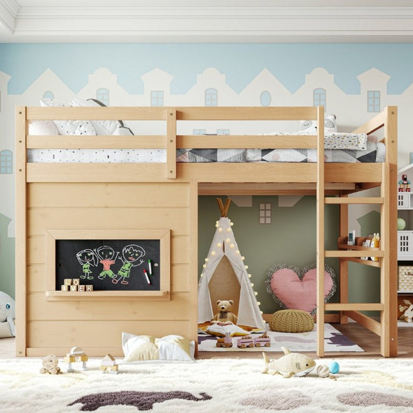 English Elm Full Size Pine Loft Bed with Sliding Chalkboard Bookshelf and Safety Rails for Kids Light Natural W1580S00624