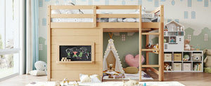English Elm Full Size Pine Loft Bed with Sliding Chalkboard Bookshelf and Safety Rails for Kids Light Natural W1580S00624