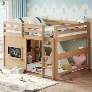 English Elm Full Size Pine Loft Bed with Sliding Chalkboard Bookshelf and Safety Rails for Kids Light Natural W1580S00624