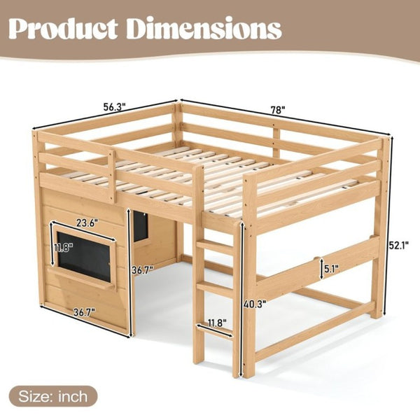 English Elm Full Size Pine Loft Bed with Sliding Chalkboard Bookshelf and Safety Rails for Kids Light Natural W1580S00624